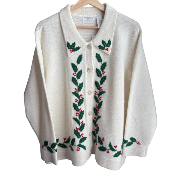 Vintage Liz Claiborne Christmas Button Up Cardigan Sweater Sz S Holly Mistletoe - Picture 1 of 8